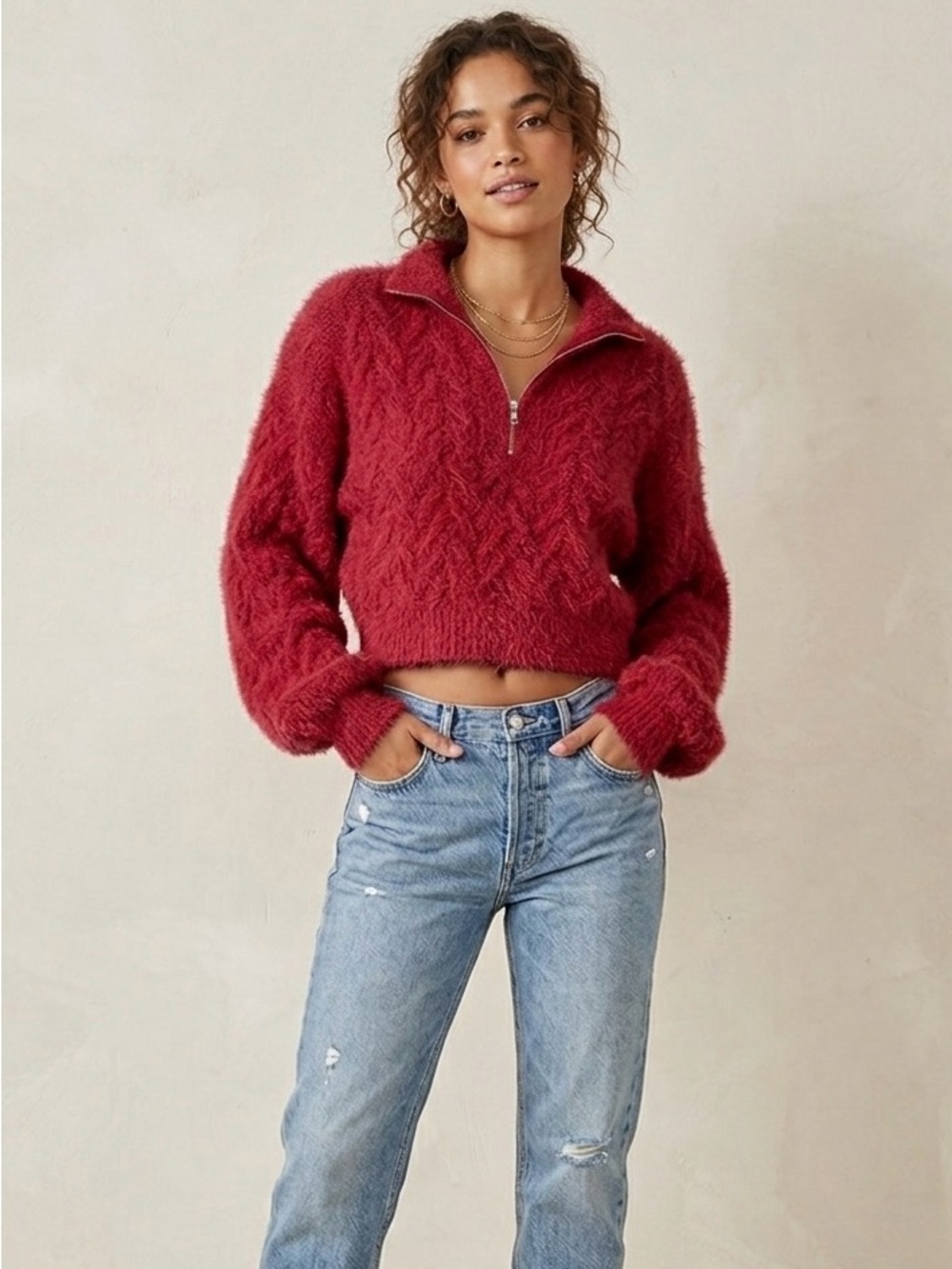 POL Boho Textured Eyelash Knit Half-Zip Sweater Size Small Will Fit